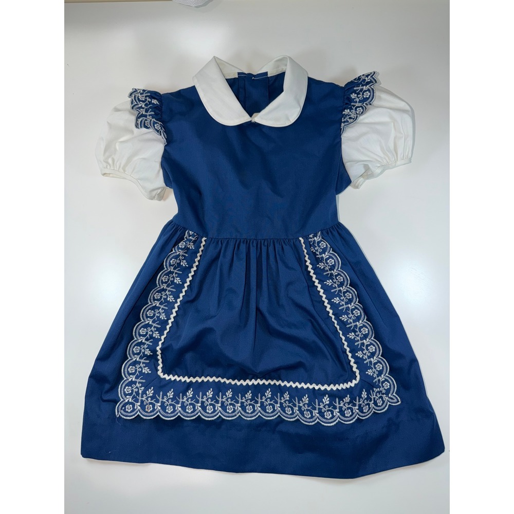 VTG Tiny Town Girl Dress Blue White Embroidered Pinafore Style Folk Costume READ